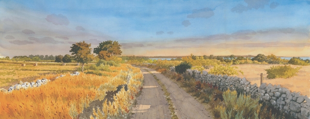 Reproducerad akvarell/giclée - Kustvägen vid Övra Wannborga en sensommarkväll